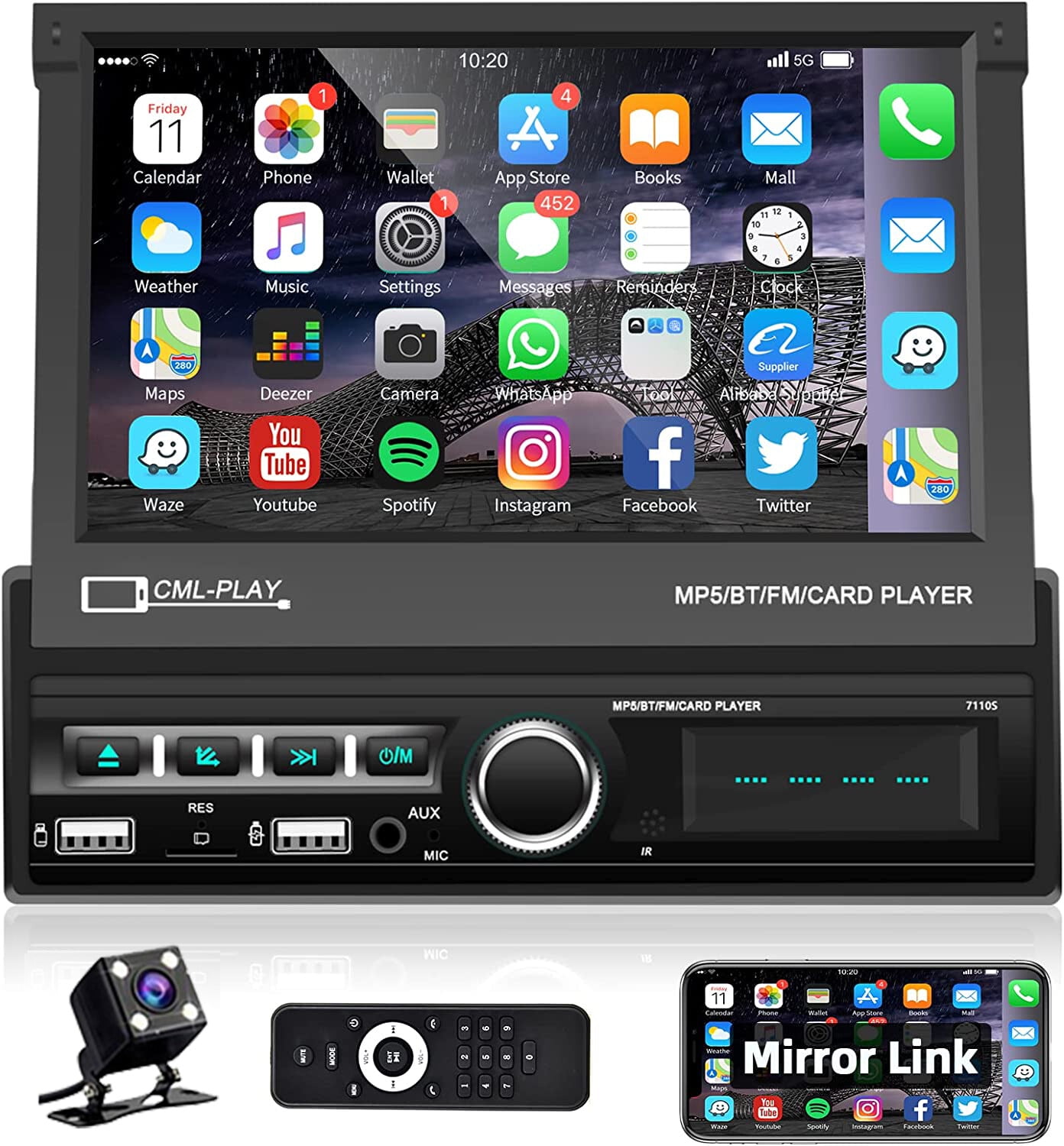Power Acoustik PD-720B Single DIN with 7-inch Motorized LCD