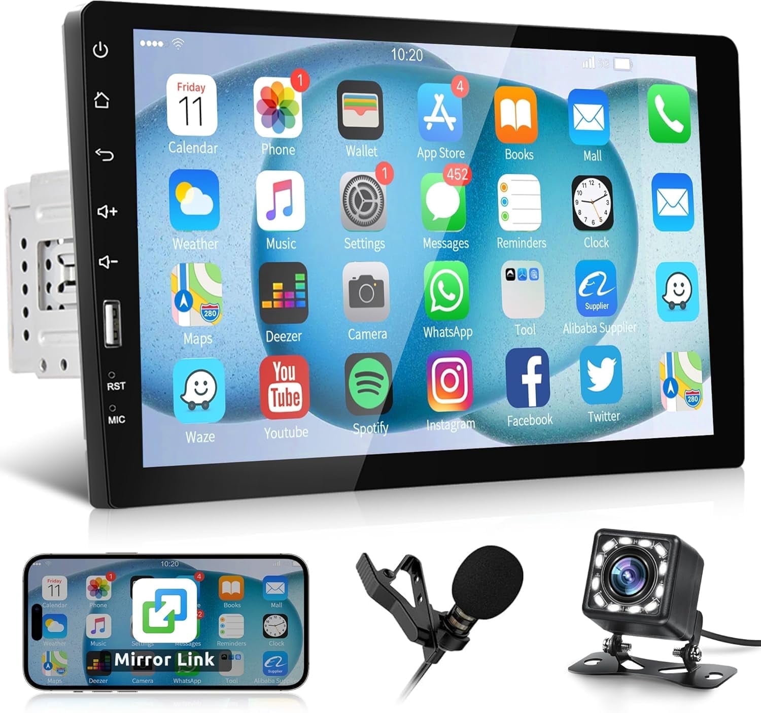 Podofo Single Din Car Stereo with Bluetooth 9 Inch HD Touch Screen Car Radio with Backup Camera + External Microphone + FM MP5 Player Car Audio Receivers Support Mirror Link SWC USB EQ Car Radio