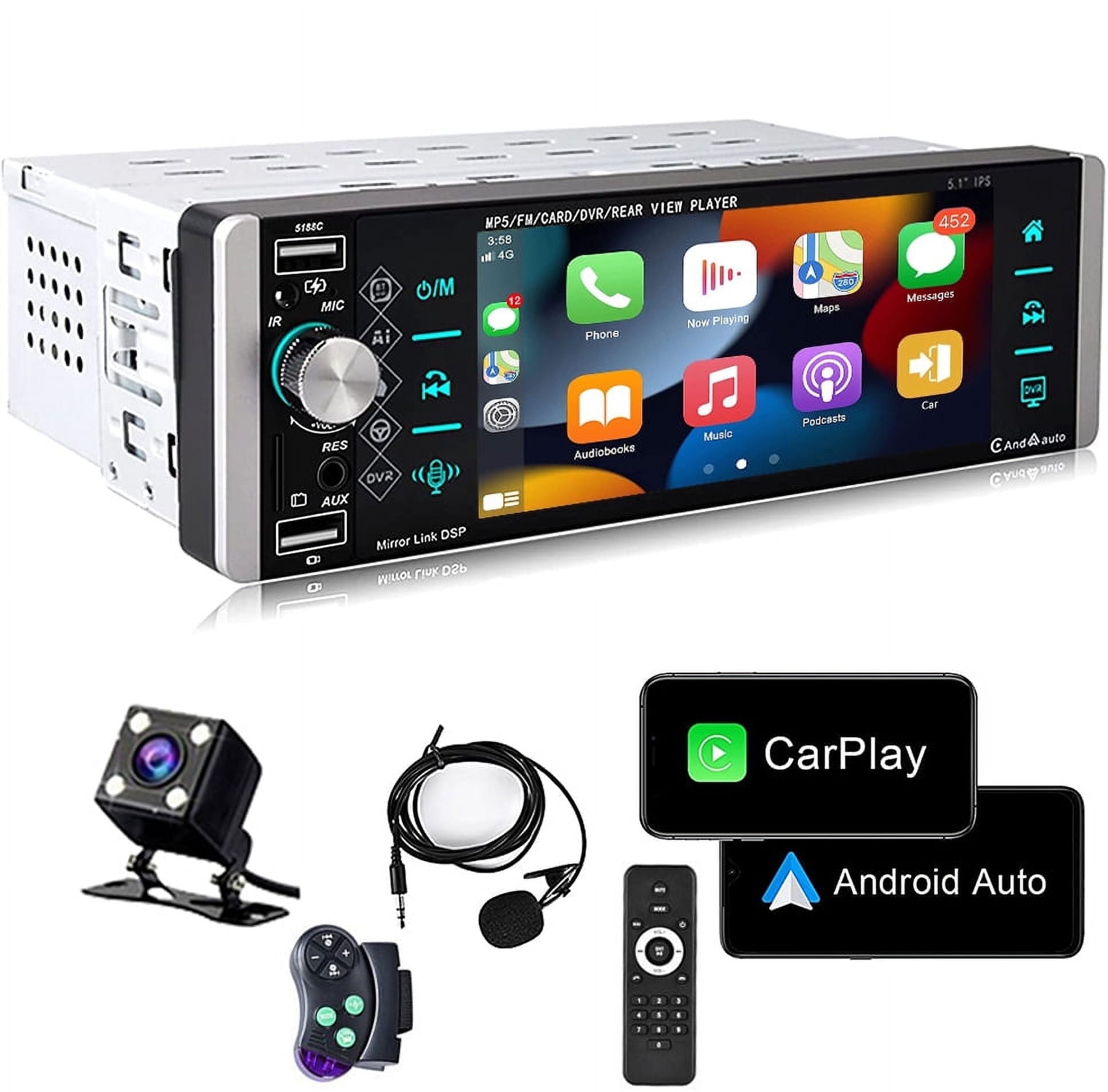 Podofo Single Din 5.1 Car Stereo Radio Apple Carplay Android Auto Touch Screen Car Multimedia MP5 Player Bluetooth Mirror Link FM USB Charging with