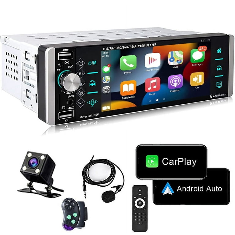Podofo Single Din 5.1 Car Stereo Radio Apple Carplay Android Auto Touch Screen Car Multimedia MP5 Player Bluetooth Mirror Link FM USB Charging with