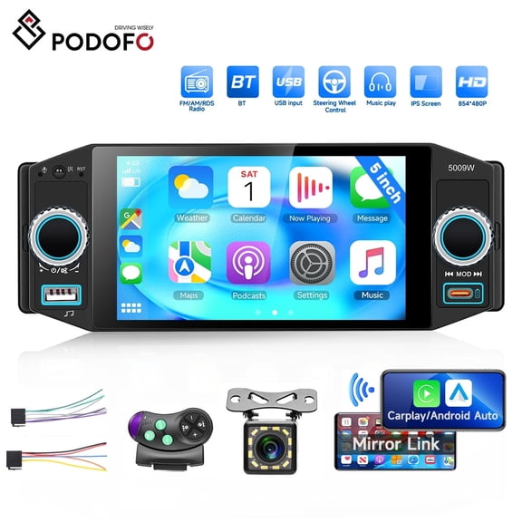 Podofo Single Din 5 in Touch Screen Car Stereo Radio with Wireless Carplay&Android Auto/Bluetooth+Backup Camera