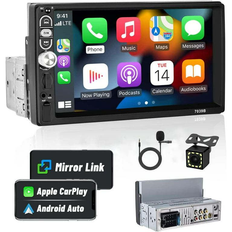 Podofo Single DIN 7 inch Car Stereo Radio Apple CarPlay Android Auto Mirror Link Touchscreen Car Multimedia Player MP5 Bluetooth FM Aux TF USB Cable