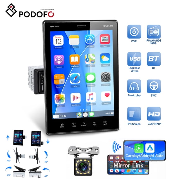 Podofo Single Din 9.5'' Vertical Screen Car Stereo Radio with wireless Carplay&Android Auto Bluetooth WIFI GPS+Backup Camera