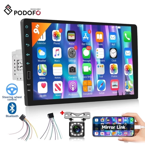 Podofo 9‘’ Touch Screen Single Din Car Stereo Radio with Mirror Link/Bluetooth+Backup Camera