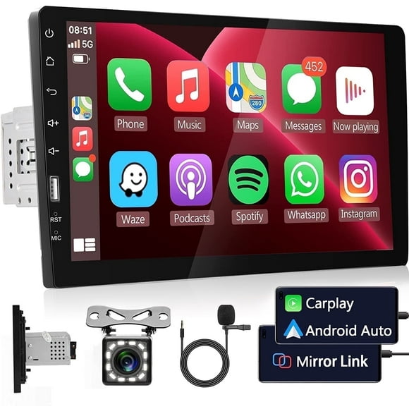 Podofo 9'' Universal Single Din Touch Screen Car Stereo with CarPlay Android Auto Mirror Link Backup Camera + Mic