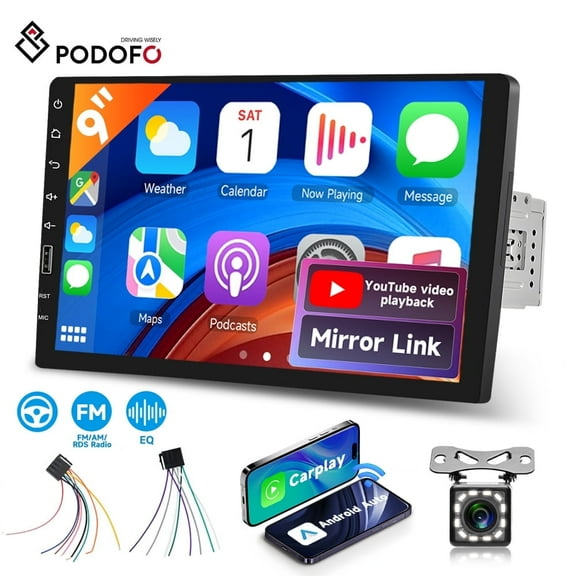 Podofo Single Din Car Stereo with Wireless Carplay Android Auto Backup Camera, 9 inch Touch Screen Bluetooth Car Radio Support Mirror Link AM/FM/RDS Radio YouTube Online Video USB Port