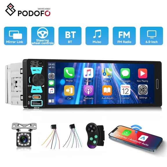 Podofo Single Din Touchscreen Car Stereo with Wireless Carplay&Android Auto,6.5 Inch Car Radio MP5 Player with BT FM Radio EQ Car Audio with USB/Type-C SWC+Backup Camera+Microphone