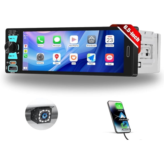Podofo Single Din Touchscreen Car Stereo with Wireless Carplay&Android Auto,6.5 Inch Car Radio MP5 Player with BT FM Radio EQ Car Audio with USB/Type-C SWC+Backup Camera+Microphone