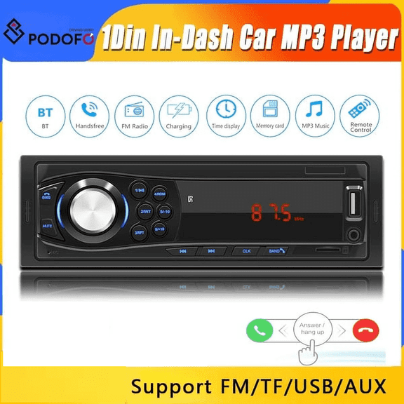 Podofo Universal 12V Single 1 DIN In Dash Car Stereo Radio with Bluetooth Digital Audio Music MP3 Player FM Receiver TF/AUX/USB Phone Charging Remote