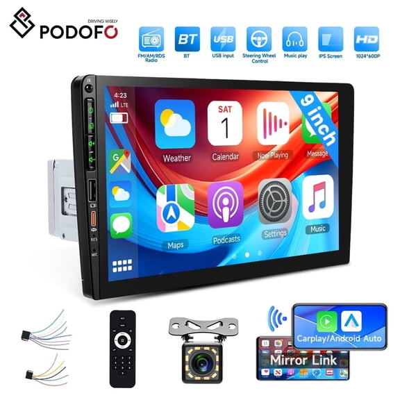 Podofo Universal Single DIN 9 in Car Stereo Radio with Wireless Carplay&Android Auto/Bluetooth +Backup Camera