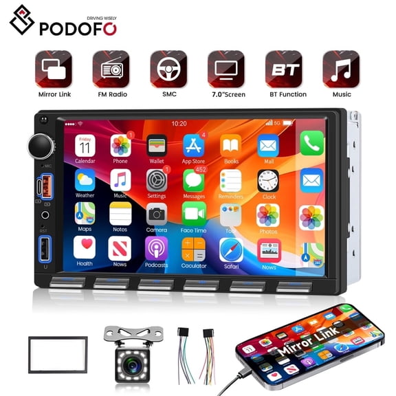Podofo [Upgrade] Double Din Car Stereo with Bluetooth,7 Inch Touch Screen 2 Din Car Radio with FM Radio EQ Mirror Link SWC USB/Type-C/Aux-in Ports+Backup Camera