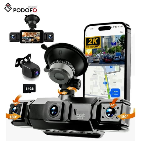 Podofo WiFi 360° 4 Channel 3" IPS 2K+1080Px3 Touchscreen Dash Cam Front and Rear Inside Left Right with Night Vision,Loop Recording,G-Sensor,APP Control