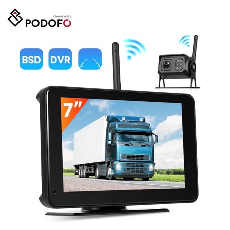Podofo Wireless Reversing Camera Kit Rear View Camera with 7” IPS Touchscreen Monitor Support BSD DIY Parking Line Image Flip Night Vision Waterproof 4-Channel Split Screen for Truck RV Car SUVs Pick