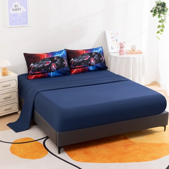 Podol 5 Pieces Race Car Comforter Set Twin Size Red and Blue Sports Car Bedding Sets for Boy Tie Dye Lightnings Bed in a Bag