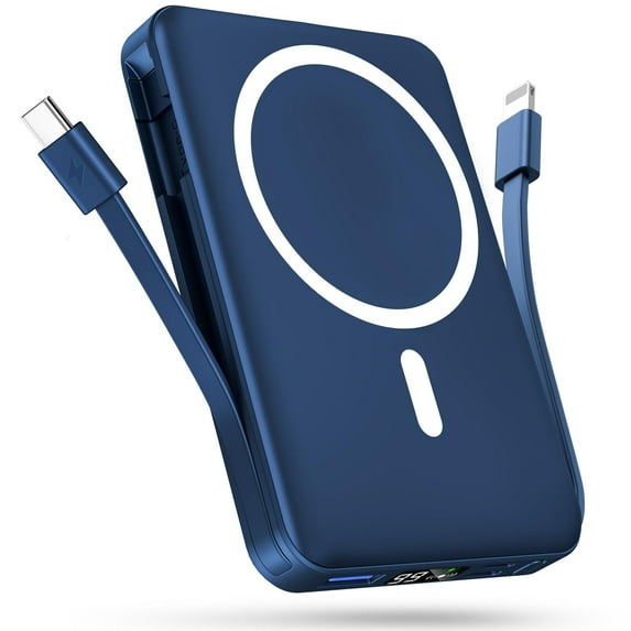 Podoru Wireless Portable Charger, 10000mAh Magnetic Power Bank Built-in USB C Lighting Cables 22.5W PD Fast Charging LED Display Battery Pack for for iPhone 16/15/14/13/12 - Navy Blue