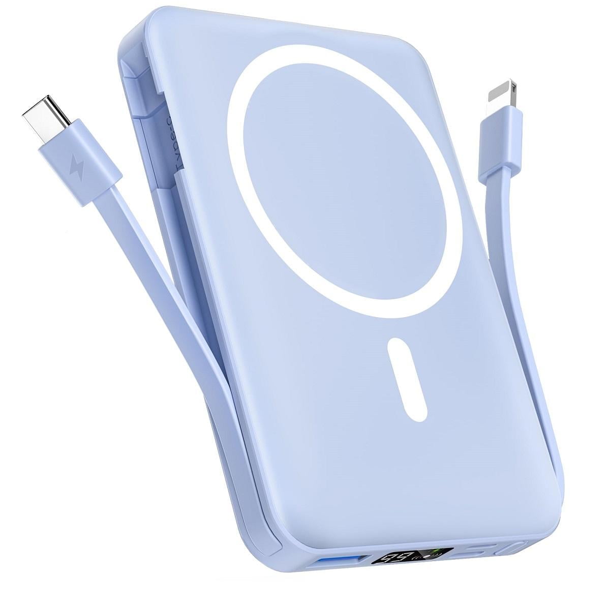 Podoru Wireless Portable Charger, 10000mAh Magnetic Power Bank Built-in USB C Lighting Cables 22.5W PD Fast Charging LED Display Battery Pack for for iPhone 16/15/14/13/12 - Blue