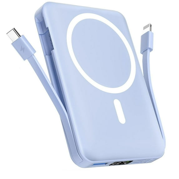 Podoru Wireless Portable Charger, 10000mAh Magnetic Power Bank Built-in USB C Lighting Cables 22.5W PD Fast Charging LED Display Battery Pack for for iPhone 16/15/14/13/12 - Blue