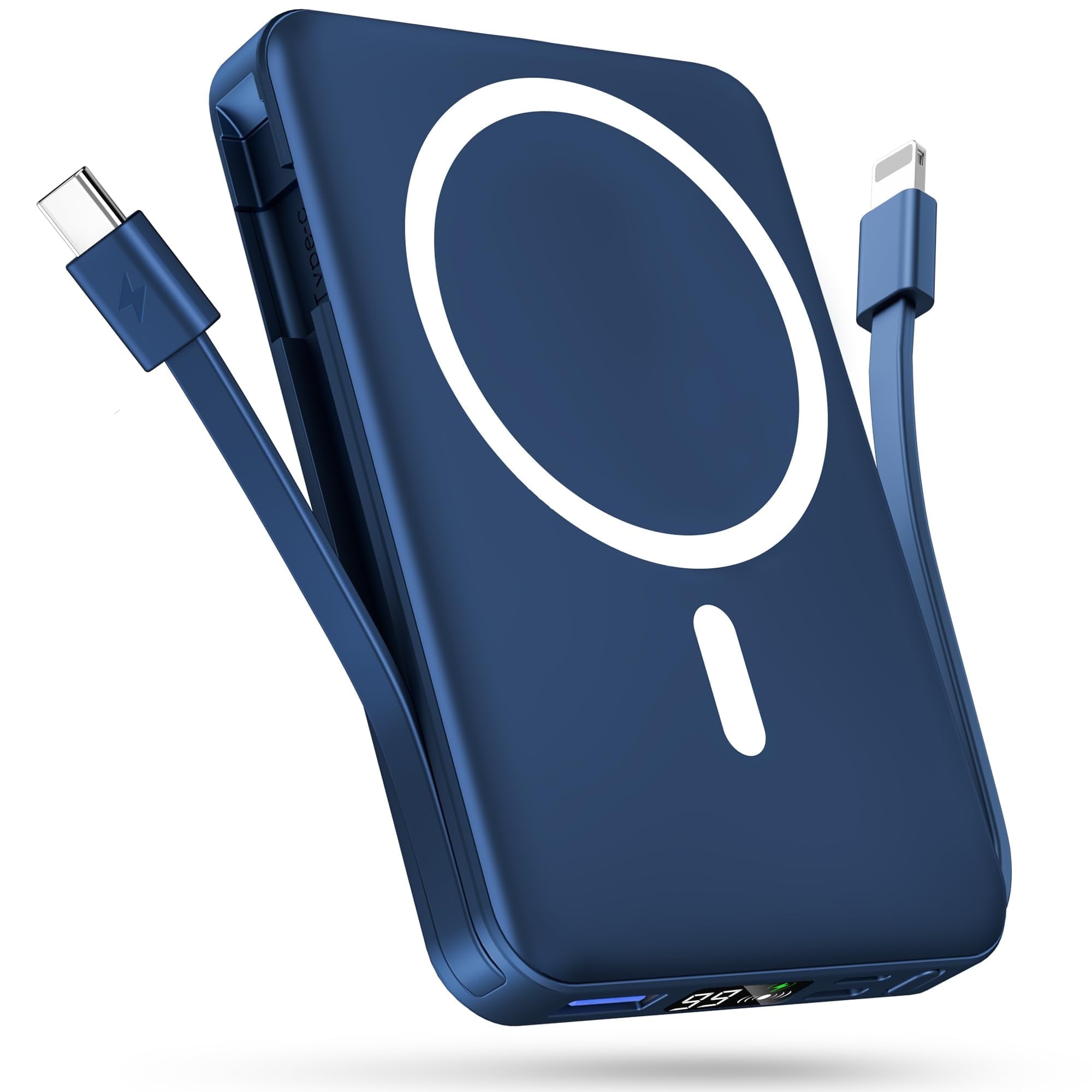 Podoru Wireless Portable Charger, 10000mAh Magnetic Power Bank Built-in USB C Lighting Cables 22.5W PD Fast Charging LED Display Mag-Safe Battery Pack for iPhone 15/14/13/13/Mini/Pro Max - Blue