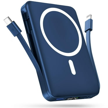 Podoru Wireless Portable Charger, 10000mAh Magnetic Power Bank Built-in USB C Lighting Cables 22.5W PD Fast Charging LED Display Mag-Safe Battery Pack for iPhone 15/14/13/13/Mini/Pro Max - Blue