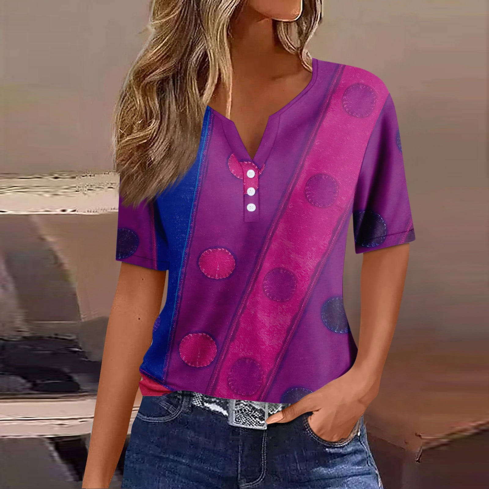 Women's Purple Pot Leaf Button-Down Blouse - Long Sleeve, Irregular Hem, V-Neck Casual Tee 1 thumbnail image