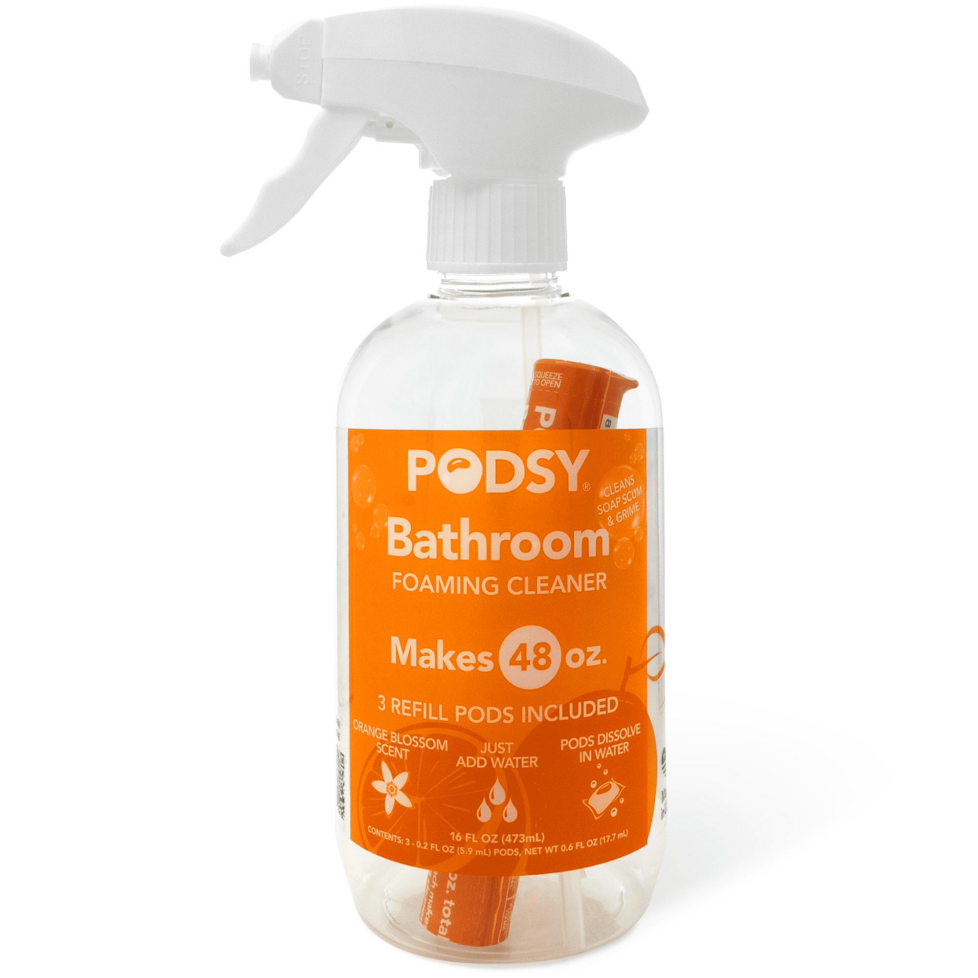 Podsy Bathroom Cleaning Set, Orange Blossom Scent, 16 fl oz Bottle and 3 Refill Pods Make 48oz, Just Add Water