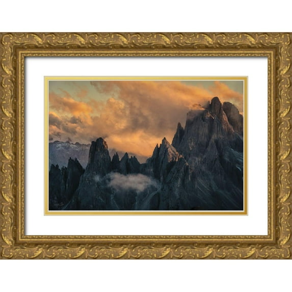 Podt, Martin 32x23 Gold Ornate Wood Framed with Double Matting Museum Art Print Titled - Dramatic Sunset in the Dolomites