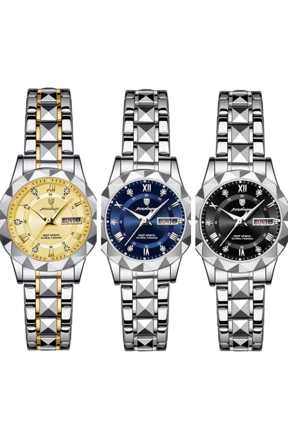 306 Woman's Geometric Faceted Quartz Watch Day & Date Display Stainless Steel Case & Bracelet Water Resistant Multiple Dial Colors - Blue