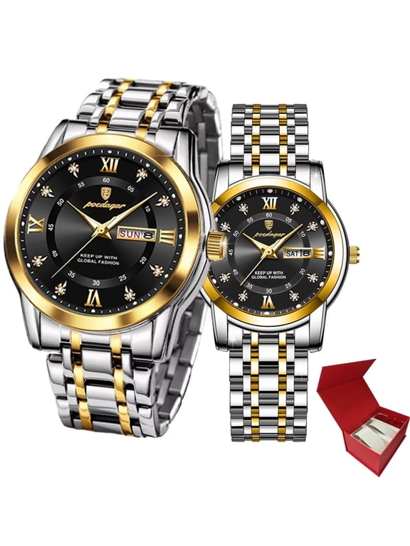 Couple Quartz Watch Luminous Calendar Date Business Formal Luxury Men's and Women's Watch Waterproof Casual Stainless Steel Couple Wedding Romantic Watch 2 Pieces