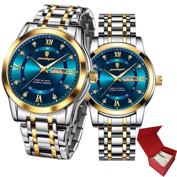 Poedagar Couple Quartz Watch Luminous Calendar Date Business Formal Luxury Men's and Women's Watch Waterproof Casual Stainless Steel Couple Wedding Romantic Watch 2 Pieces