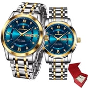 Poedagar Couple Quartz Watch Luminous Calendar Date Business Formal Luxury Mens and Womens Watch Waterproof Casual Stainless Steel Couple Wedding Romantic Watch 2 Pieces