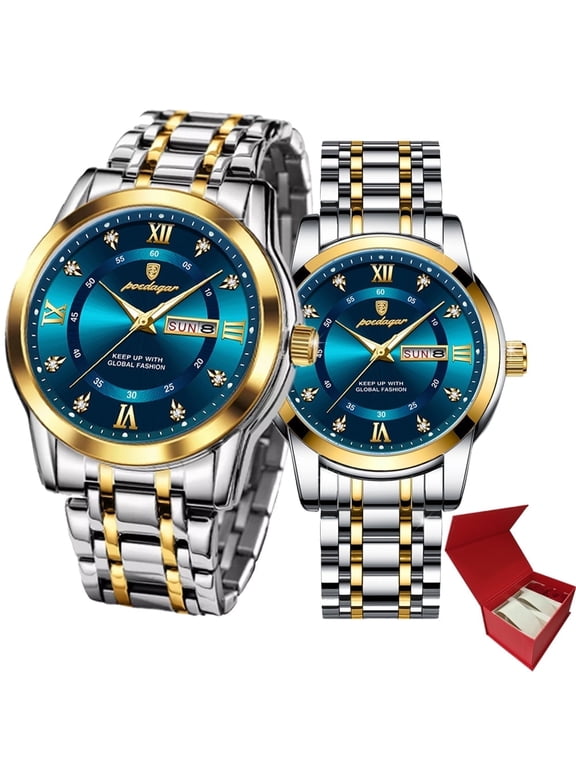 Couple Quartz Watch Luminous Calendar Date Business Formal Luxury Men's and Women's Watch Waterproof Casual Stainless Steel Couple Wedding Romantic Watch 2 Pieces