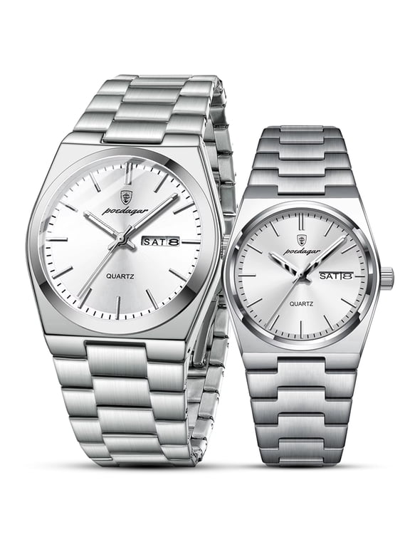 Couple Watches Set for Men Women, Stainless Steel Date Quartz Wrist Watch, Lovers Gift