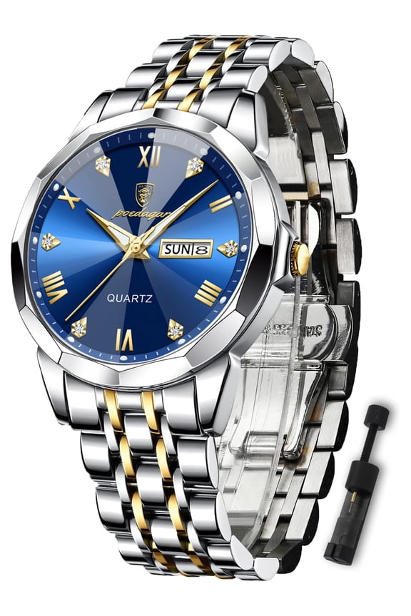 Luxury Men's Stainless Steel Waterproof Quartz Watch, Blue Dial, Dual Date Luminous Display