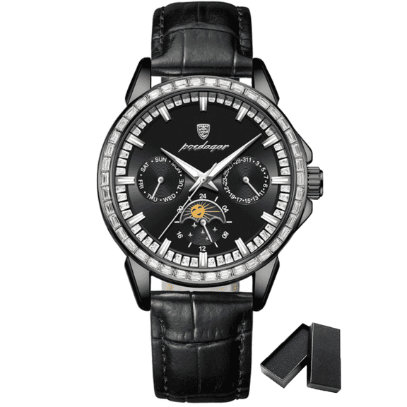 Poedagar Luxury Diamond Stainless Steel Dial Moon Phase Luminous Hands Waterproof Leather Strap Quartz Men's Watch