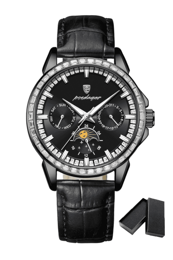 Luxury Diamond Stainless Steel Dial Moon Phase Luminous Hands Waterproof Leather Strap Quartz Men's Watch