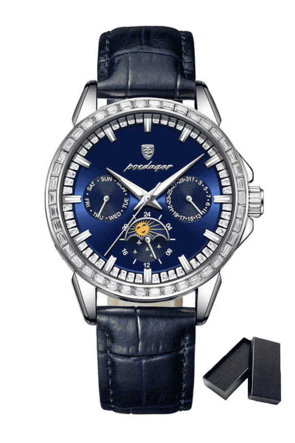 Luxury Diamond Stainless Steel Dial Moon Phase Luminous Hands Waterproof Leather Strap Quartz Men's Watch