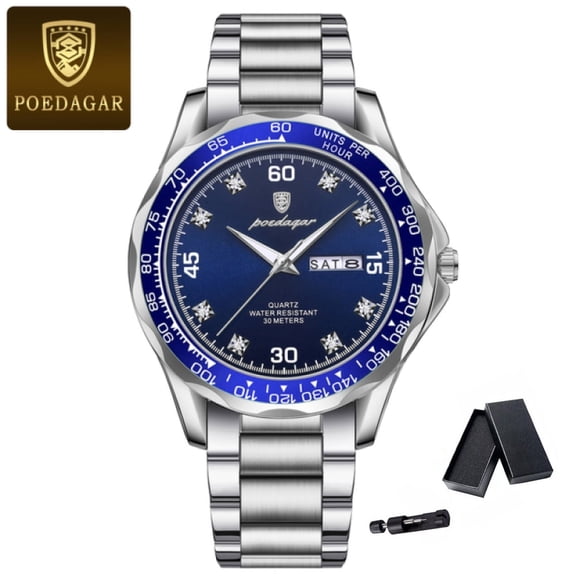 Poedagar Luxury Waterproof Luminous Date Week Stainless Steel Sport Quartz Men's Wristwatch