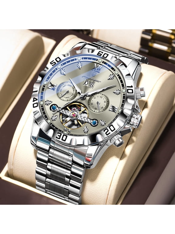 Men Watch Automatic Date Week Man Wristwatch Hollow Tourbillon Mechanical Stainless Steel Men's Watches