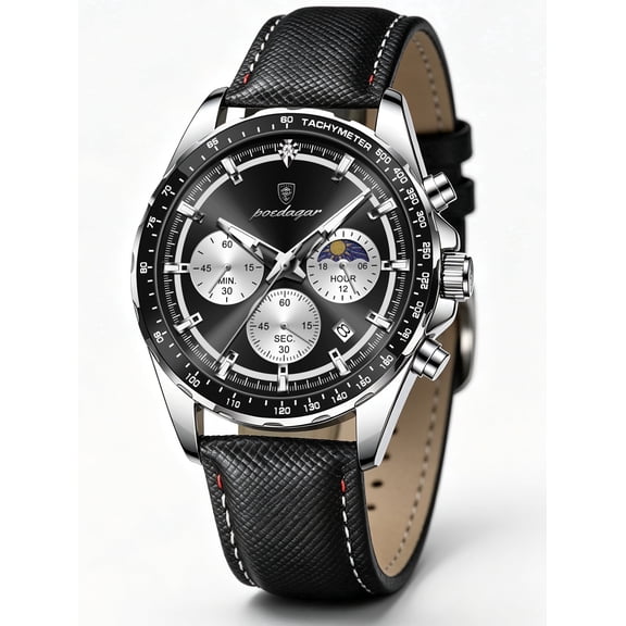 Poedagar Men's Chronograph Quartz Wristwatch, Black PU Leather Strap, Waterproof Luminous Function