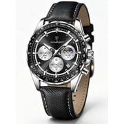 Poedagar Mens Chronograph Quartz Wristwatch, Black PU Leather Strap, Waterproof Luminous Function
