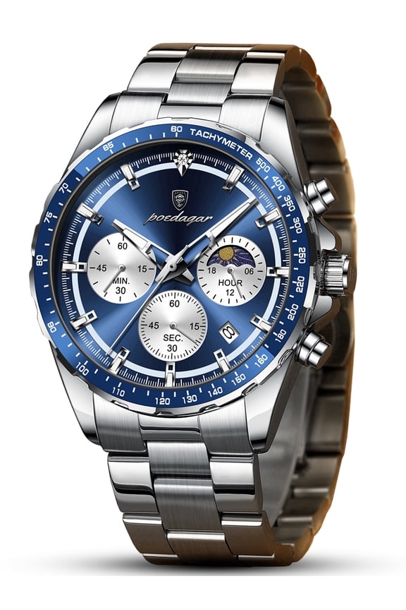 Men's Chronograph Quartz Wristwatch, Stainless Steel Strap, Waterproof Luminous Function