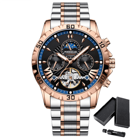 Poedagar Men's Classic Luxury Moon Phase Luminous Pointer Waterproof Tourbillon Mechanical Watch