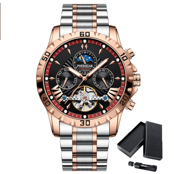 Poedagar Men's Classic Luxury Moon Phase Luminous Pointer Waterproof Tourbillon Mechanical Watch