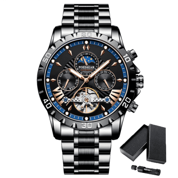 Poedagar Men's Classic Luxury Moon Phase Luminous Pointer Waterproof Tourbillon Mechanical Watch