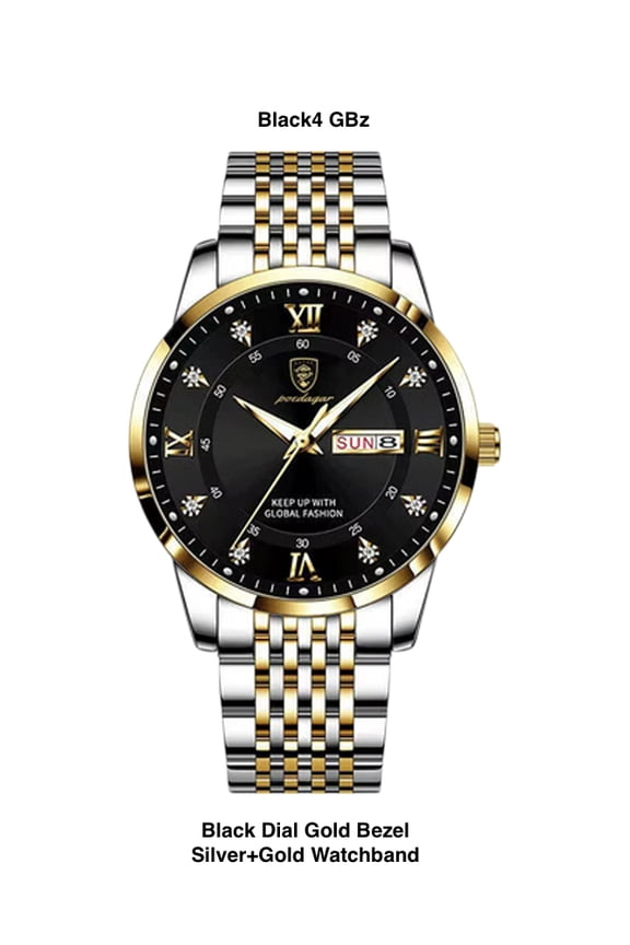 Men's Day + Date Wristwatch Black Dial Gold Bezel Analog Silver & Gold Watchband