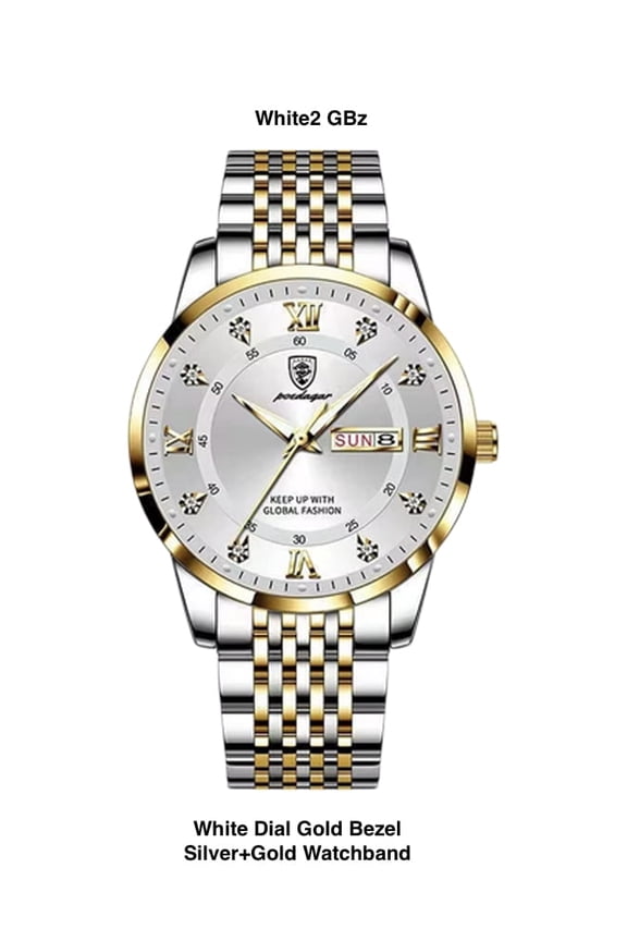 Men's Day + Date Wristwatch White Dial Gold Bezel Analog