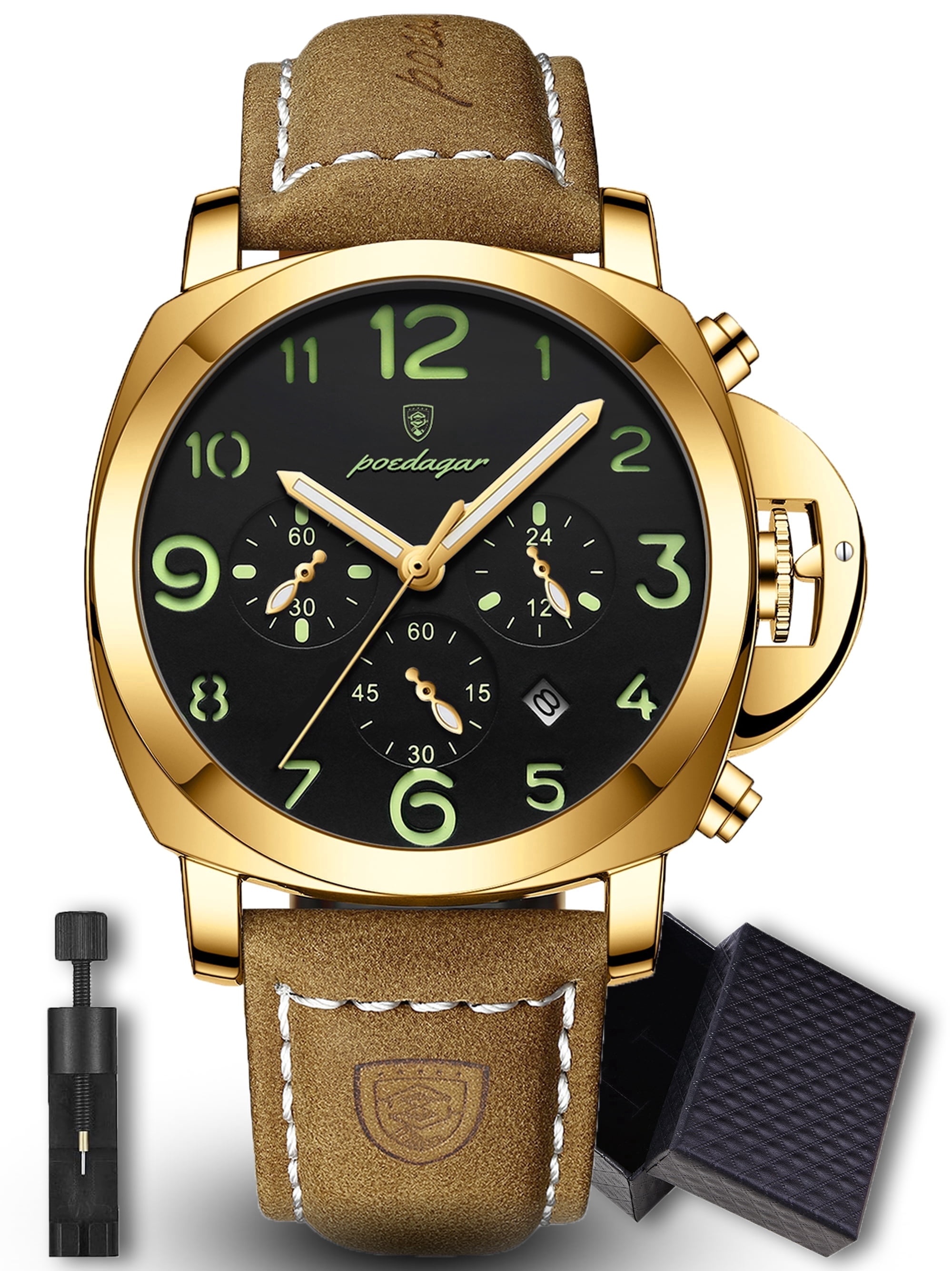 Poedagar Men's Business Quartz Watches with PU Leather Strap Waterproof Luminous Calendar Chronograph