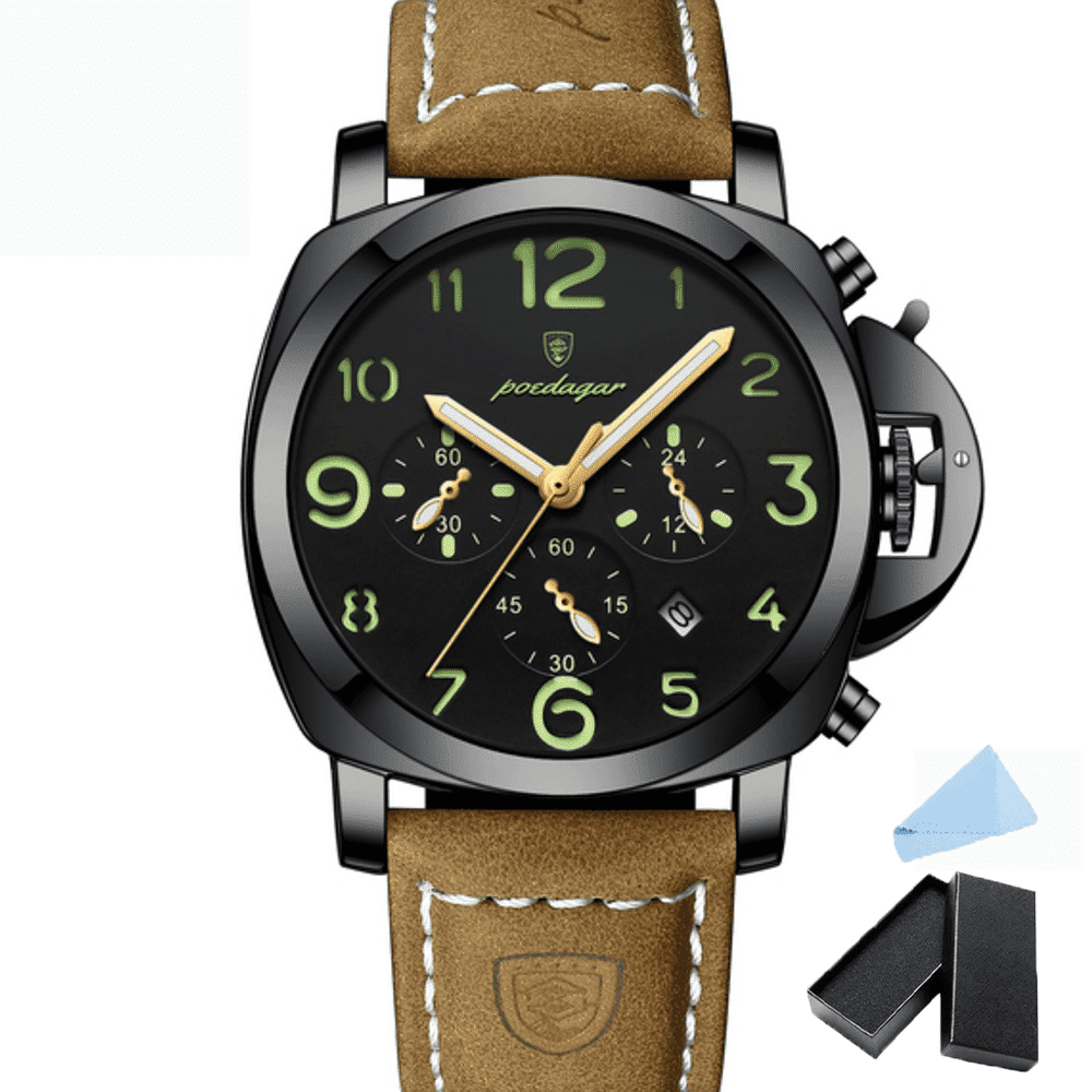 Poedagar Leather Strap Men's Luxury Sports Waterproof Luminous Date Chronograph Quartz Watch