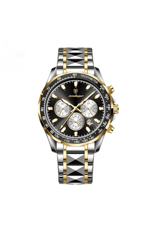 Men's Two-Tone Stainless Steel Chronograph Watch - Black Dial Luminous Waterproof Calendar Business Sport Quartz Wristwatch