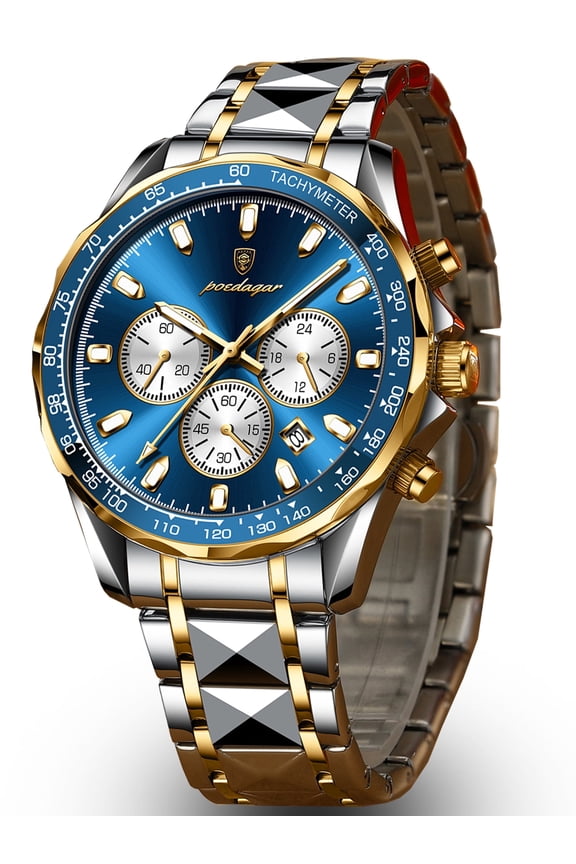 Men's Two-Tone Stainless Steel Chronograph Watch - Blue Dial Luminous Waterproof Calendar Business Sport Quartz Wristwatch